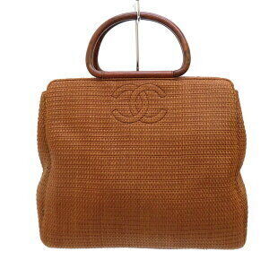 CHANEL Wooden Handle Straw Bag Coco Mark Circa Leather Brown IITT